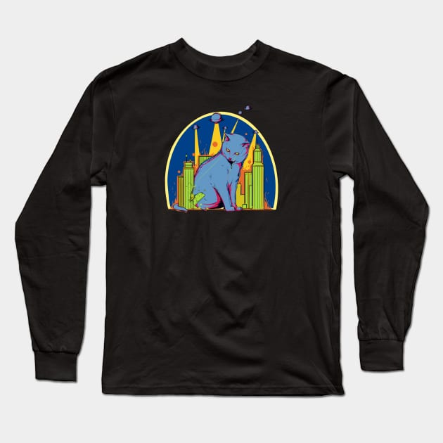 Giant Laser Cat From Space Attacks City Long Sleeve T-Shirt by LittleBunnySunshine